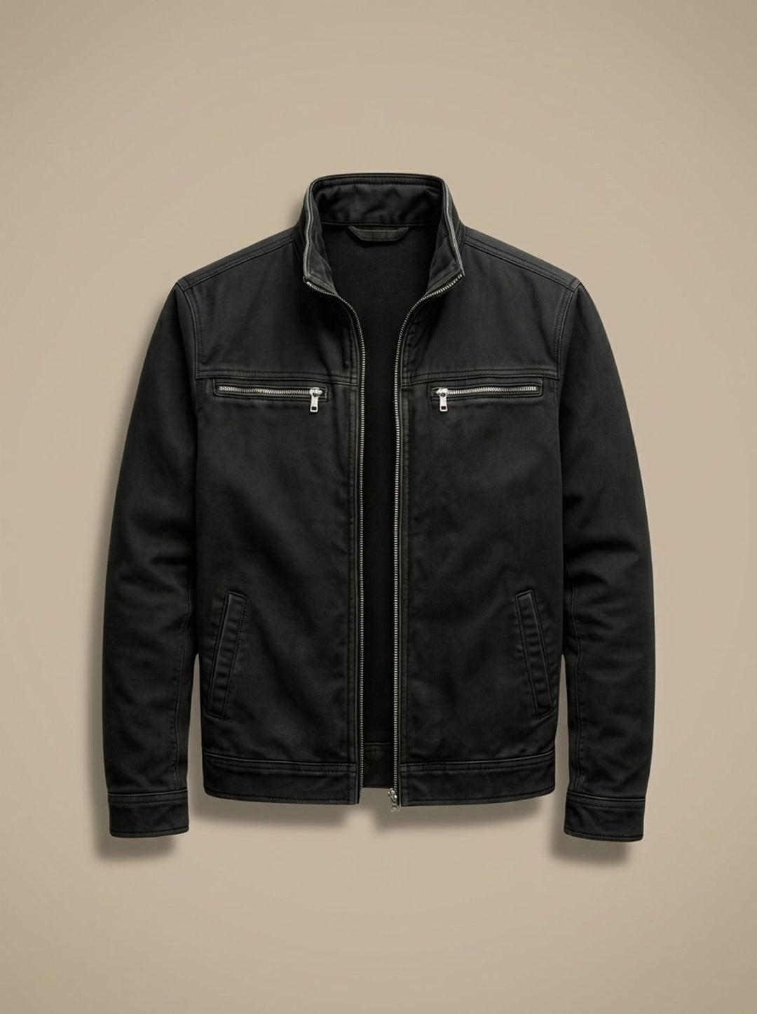 Men's Cotton Stand-Collar Multi-Pocket Zip-Up Jacket - Black