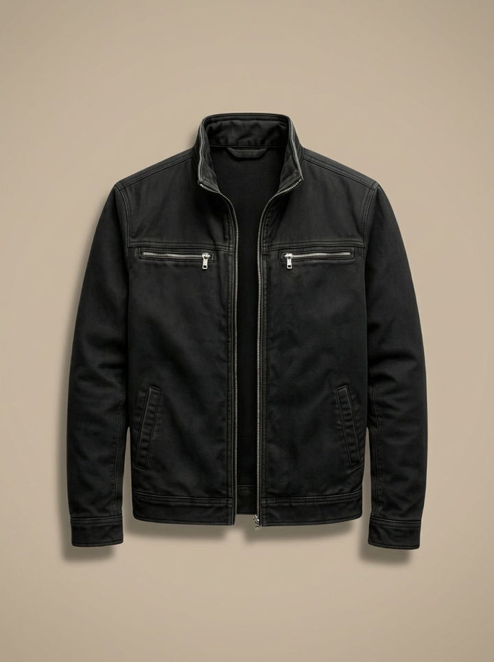 Men's Cotton Stand-Collar Multi-Pocket Zip-Up Jacket - Black