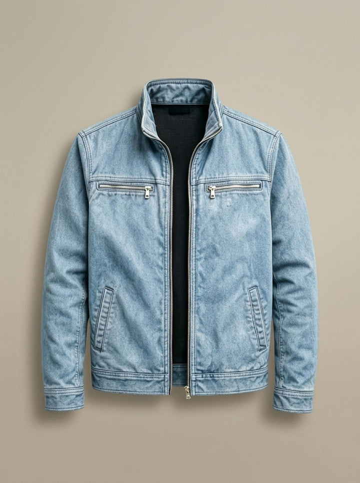 Men's Cotton Stand-Collar Multi-Pocket Zip-Up Jacket - Blue