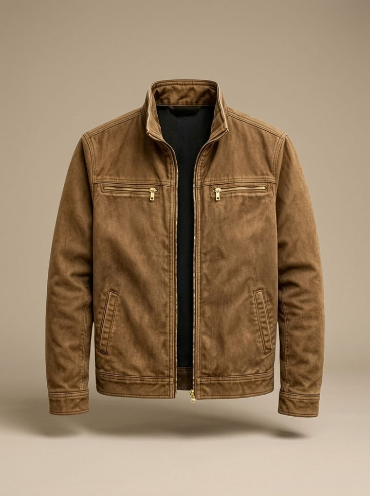 Men's Cotton Stand-Collar Multi-Pocket Zip-Up Jacket - Brown