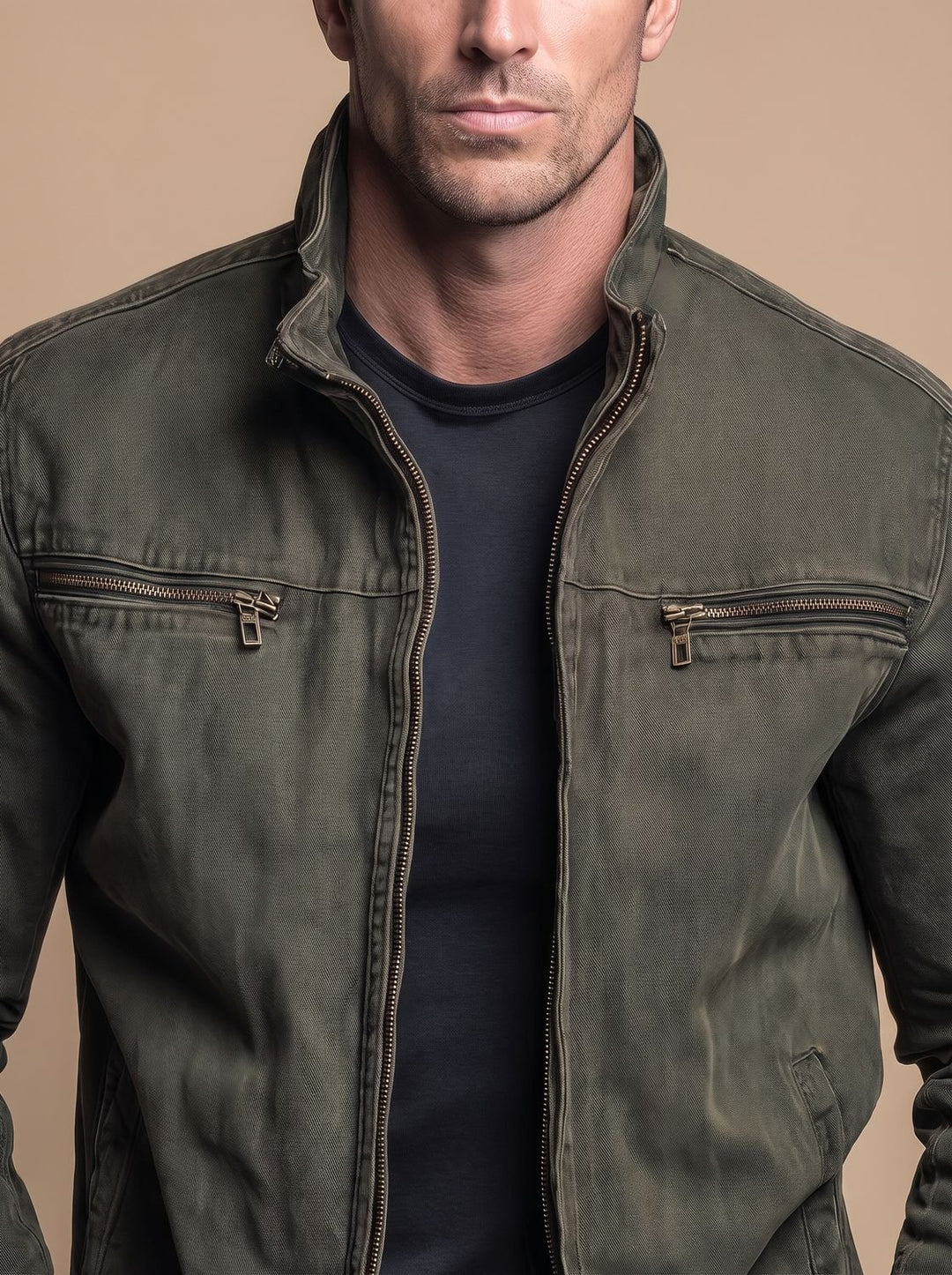 Men's Cotton Stand-Collar Multi-Pocket Zip-Up Jacket
