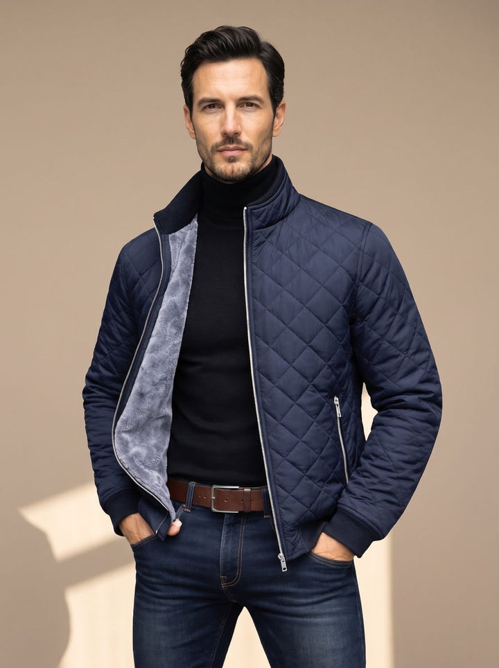 Men's Diamond-Quilted Fleece-Lined Full-Zip Winter Jacket - Navy Blue