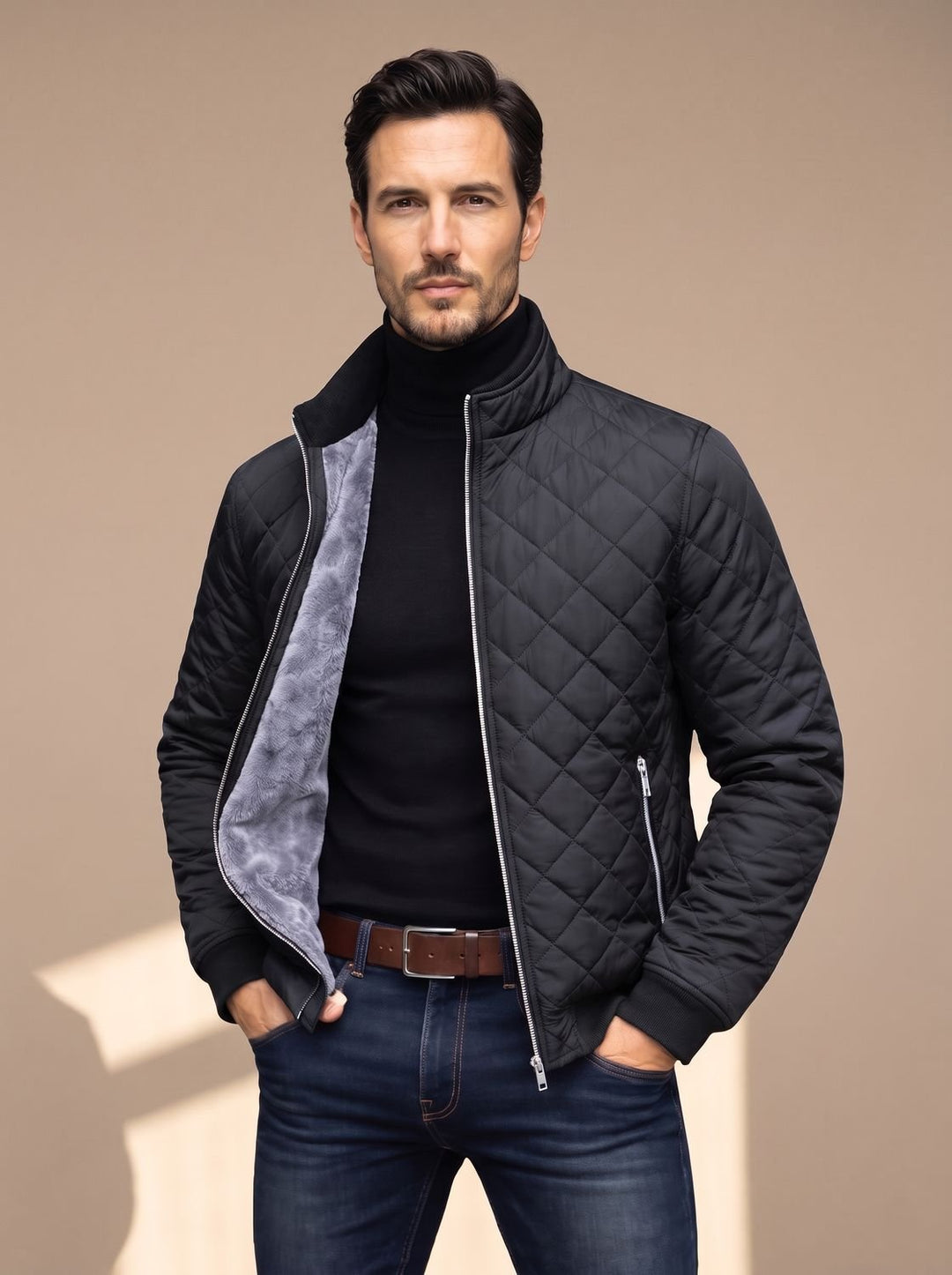 Men's Diamond-Quilted Fleece-Lined Full-Zip Winter Jacket - Black