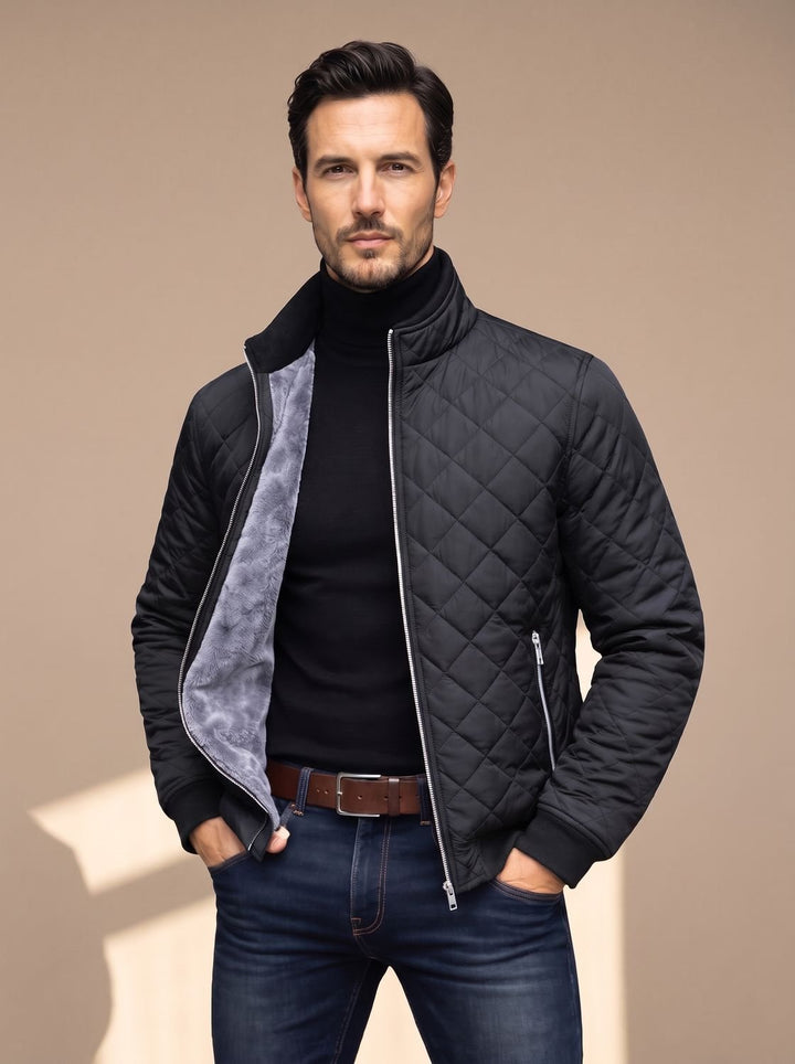 Men's Diamond-Quilted Fleece-Lined Full-Zip Winter Jacket - Black