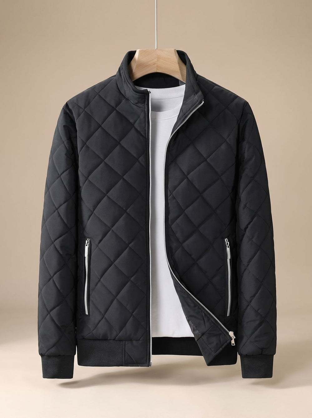 Men's Diamond-Quilted Full-Zip Insulated Bomber Jacket - Black