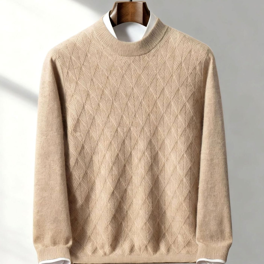 Men's Diamond-Texture Mock-Neck Knit Pullover Sweater - Beige