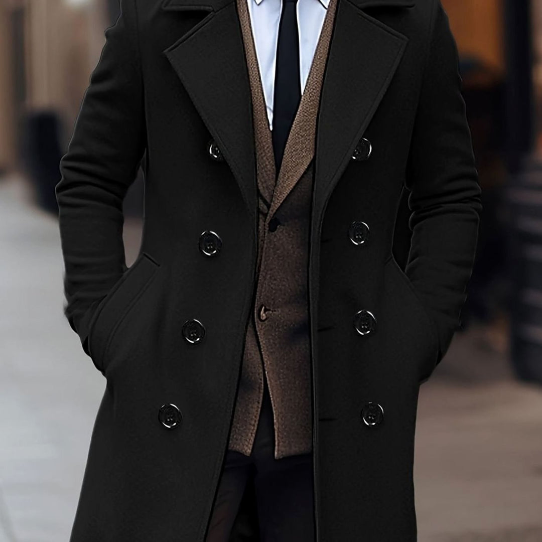 Men's Double-Breasted Tailored Wool Overcoat - Black