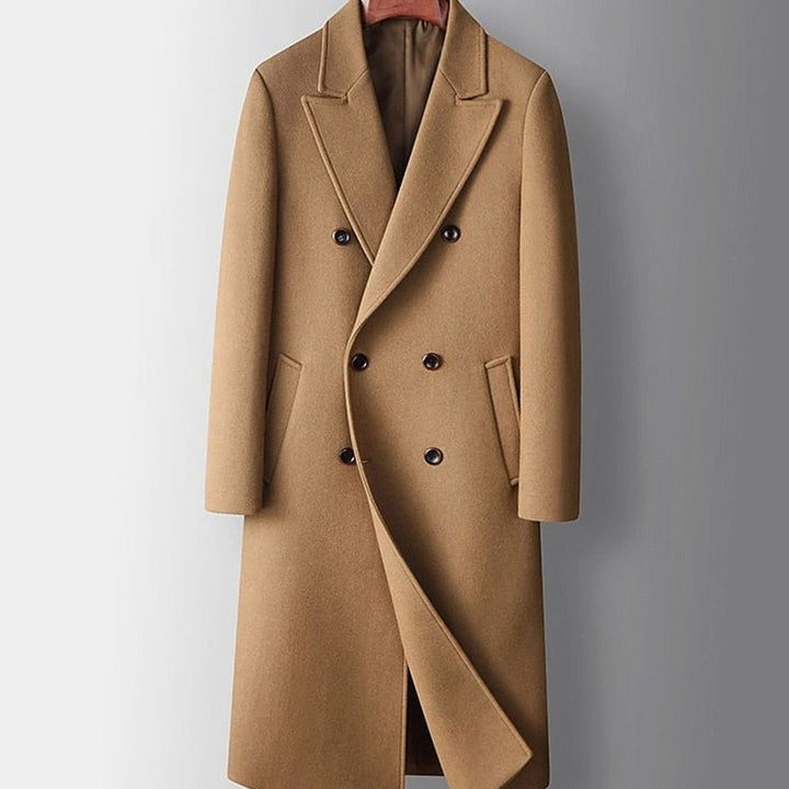 Men's Double-Breasted Wool Overcoat Long Tailored Coat - Khaki