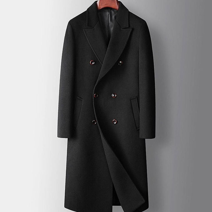 Men's Double-Breasted Wool Overcoat Long Tailored Coat - Black