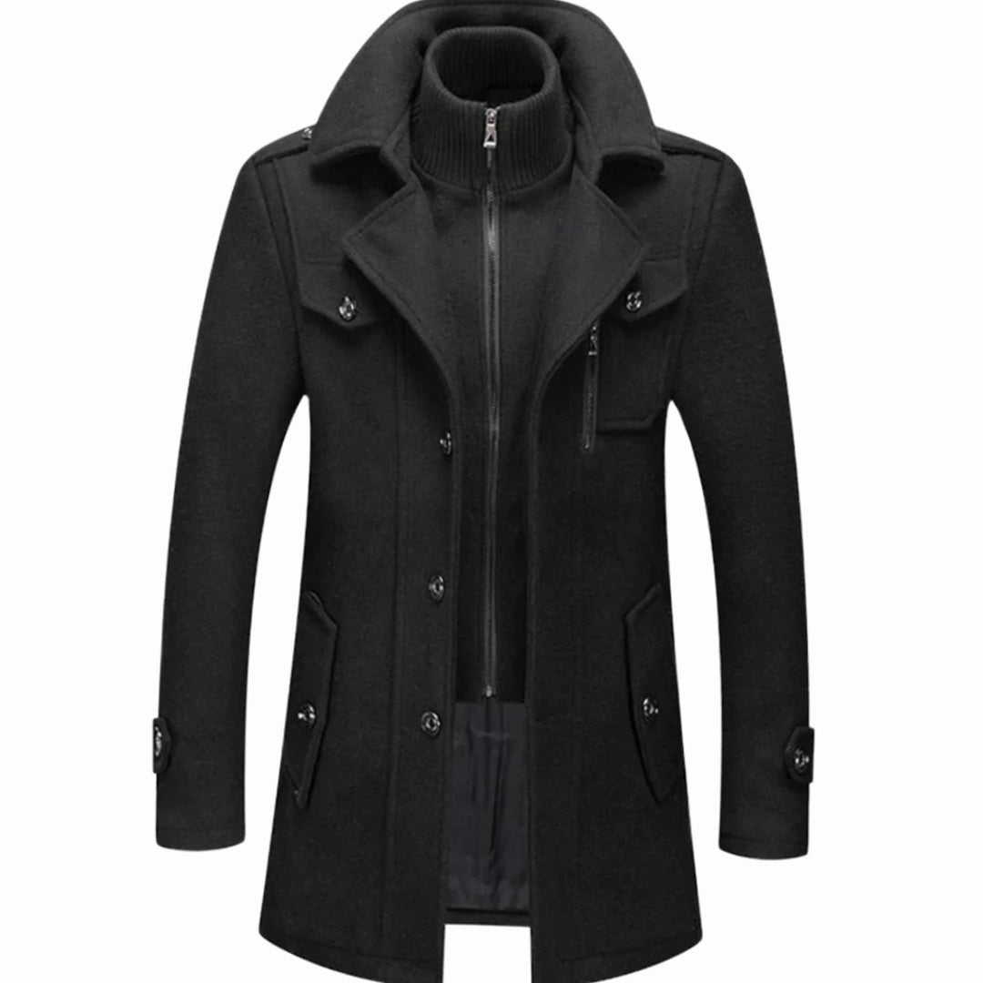 Men's Double-Layer Wool-Blend Long Coat Notch Lapel Button-Front - Black