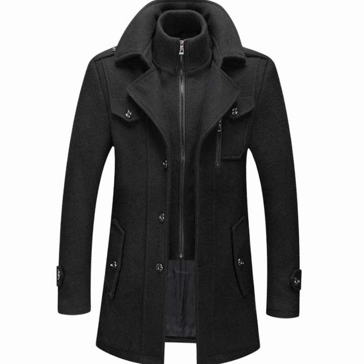 Men's Double-Layer Wool-Blend Long Coat Notch Lapel Button-Front - Black