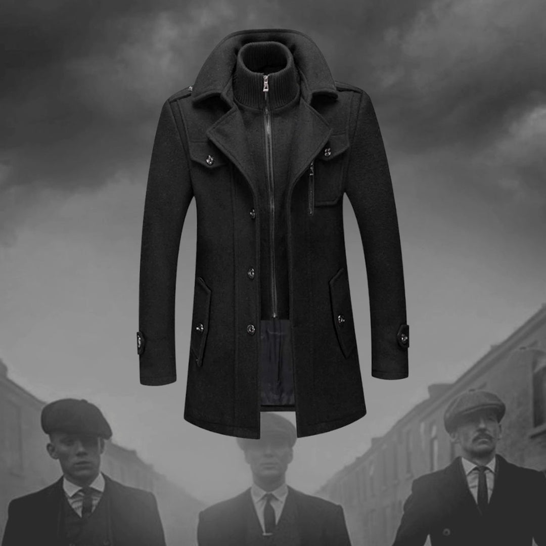 Men's Double-Layer Wool-Blend Long Coat Notch Lapel Button-Front