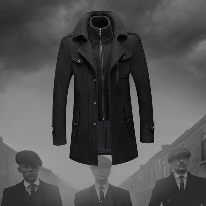 Men's Double-Layer Wool-Blend Long Coat Notch Lapel Button-Front