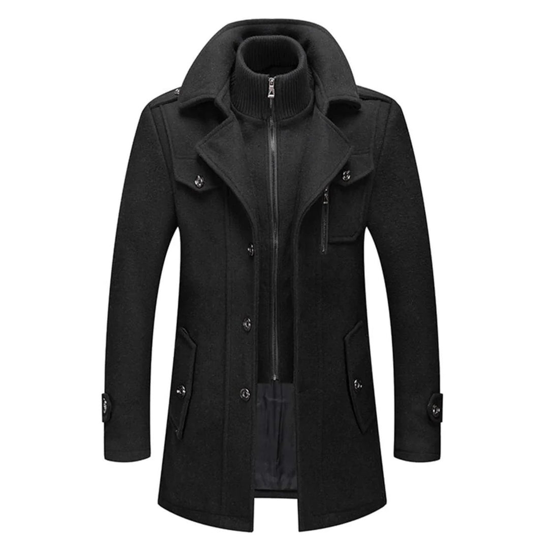Men's Double-Layer Wool Blend Single-Breasted Overcoat - Black