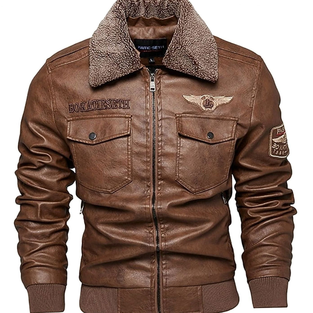 Men's Faux Leather Aviator Bomber Jacket Sherpa Collar - Coffee Brown
