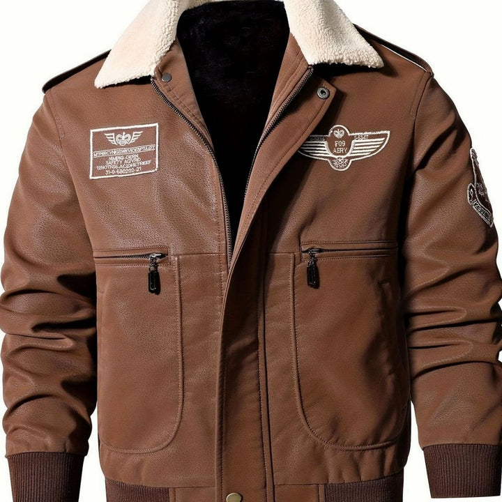 Men's Faux Leather Aviator Bomber Jacket Sherpa Collar - Coffee Brown