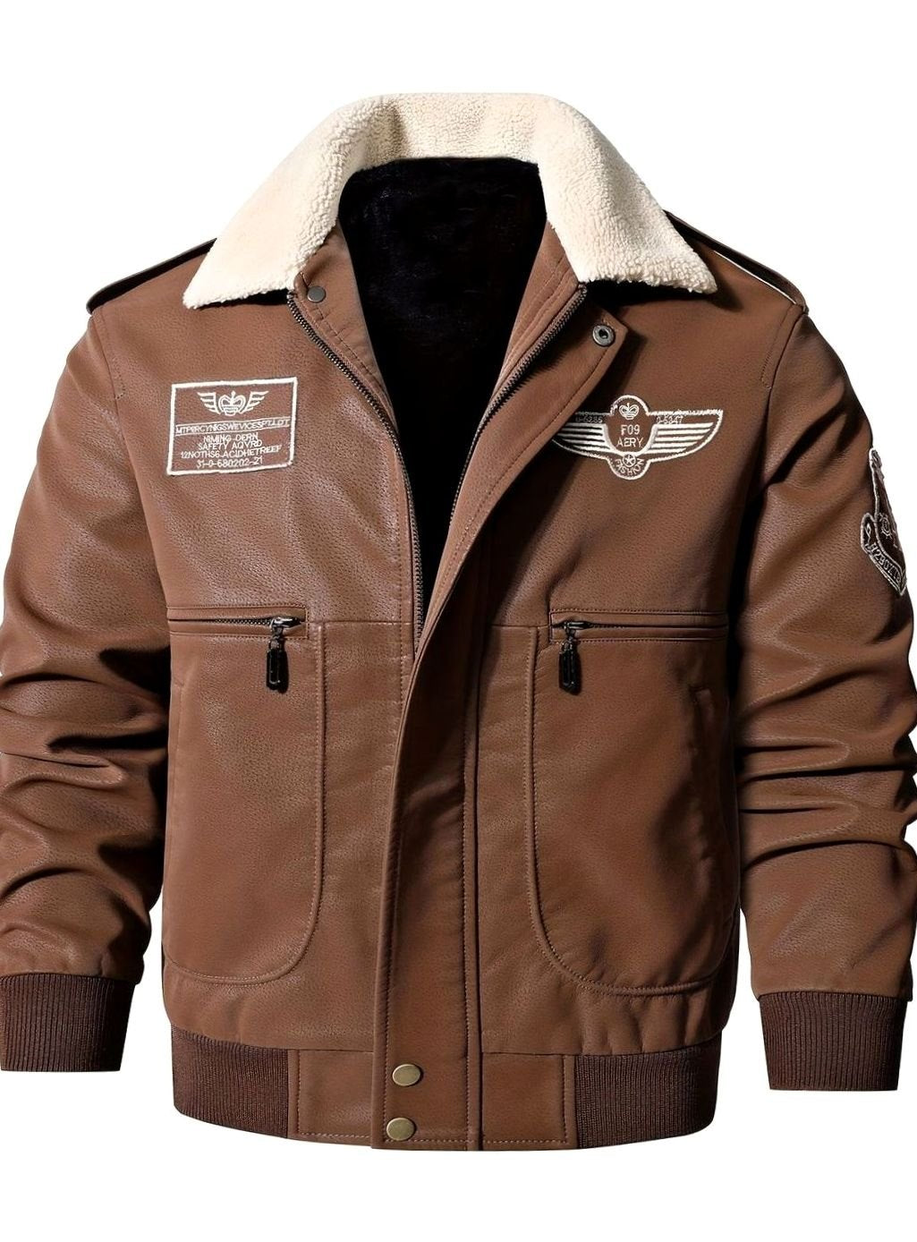 Men's Faux Leather Aviator Bomber Jacket Sherpa Collar