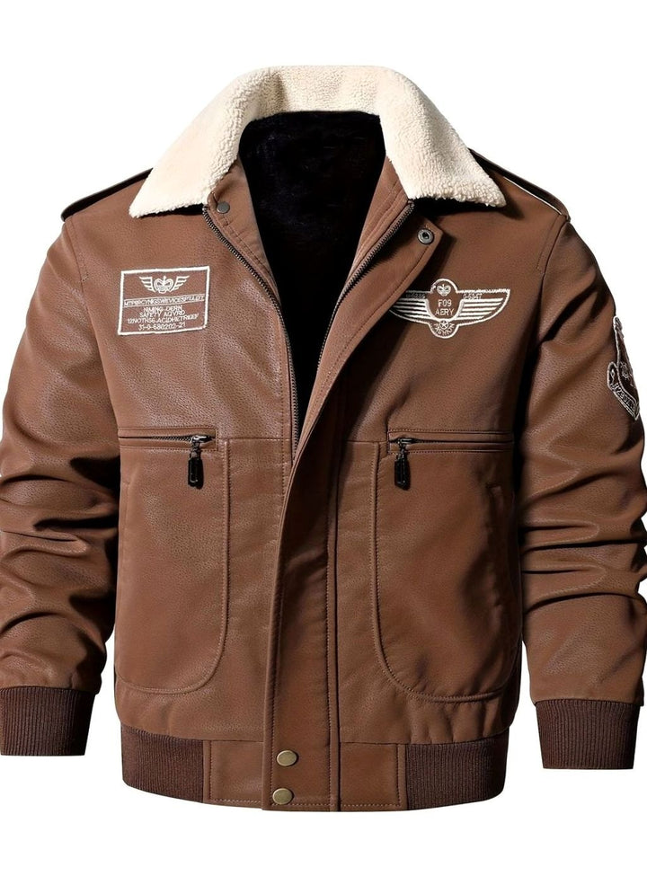 Men's Faux Leather Aviator Bomber Jacket Sherpa Collar