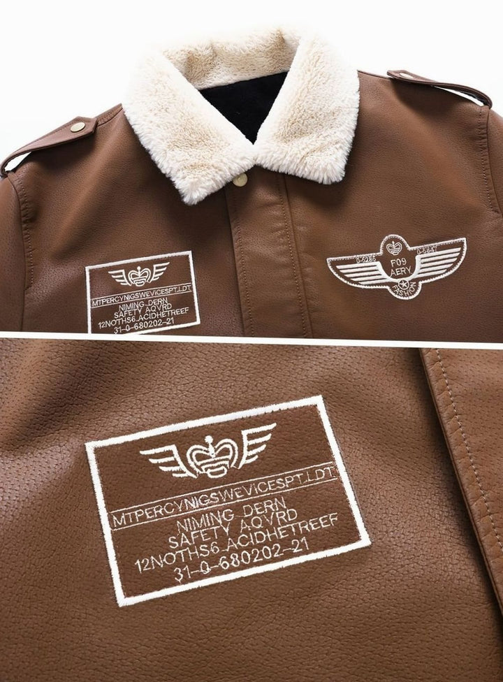 Men's Faux Leather Aviator Bomber Jacket Sherpa Collar