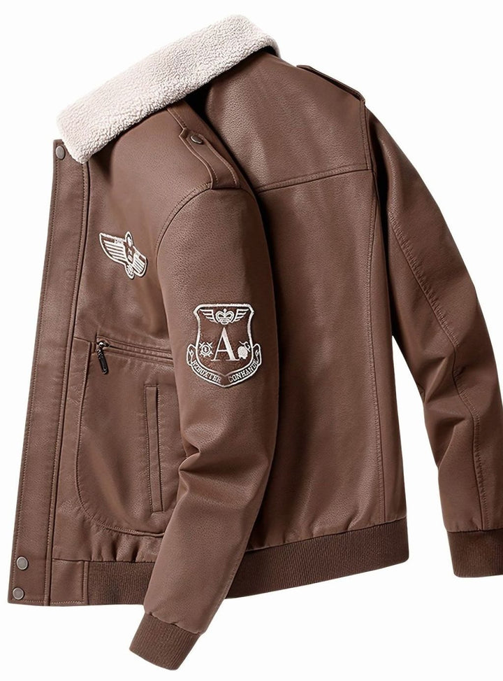 Men's Faux Leather Aviator Bomber Jacket Sherpa Collar