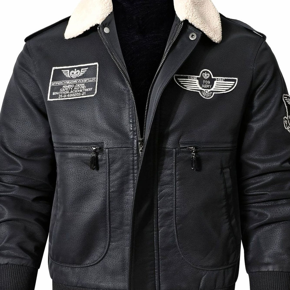 Men's Faux Leather Aviator Bomber Jacket Sherpa Collar - Black