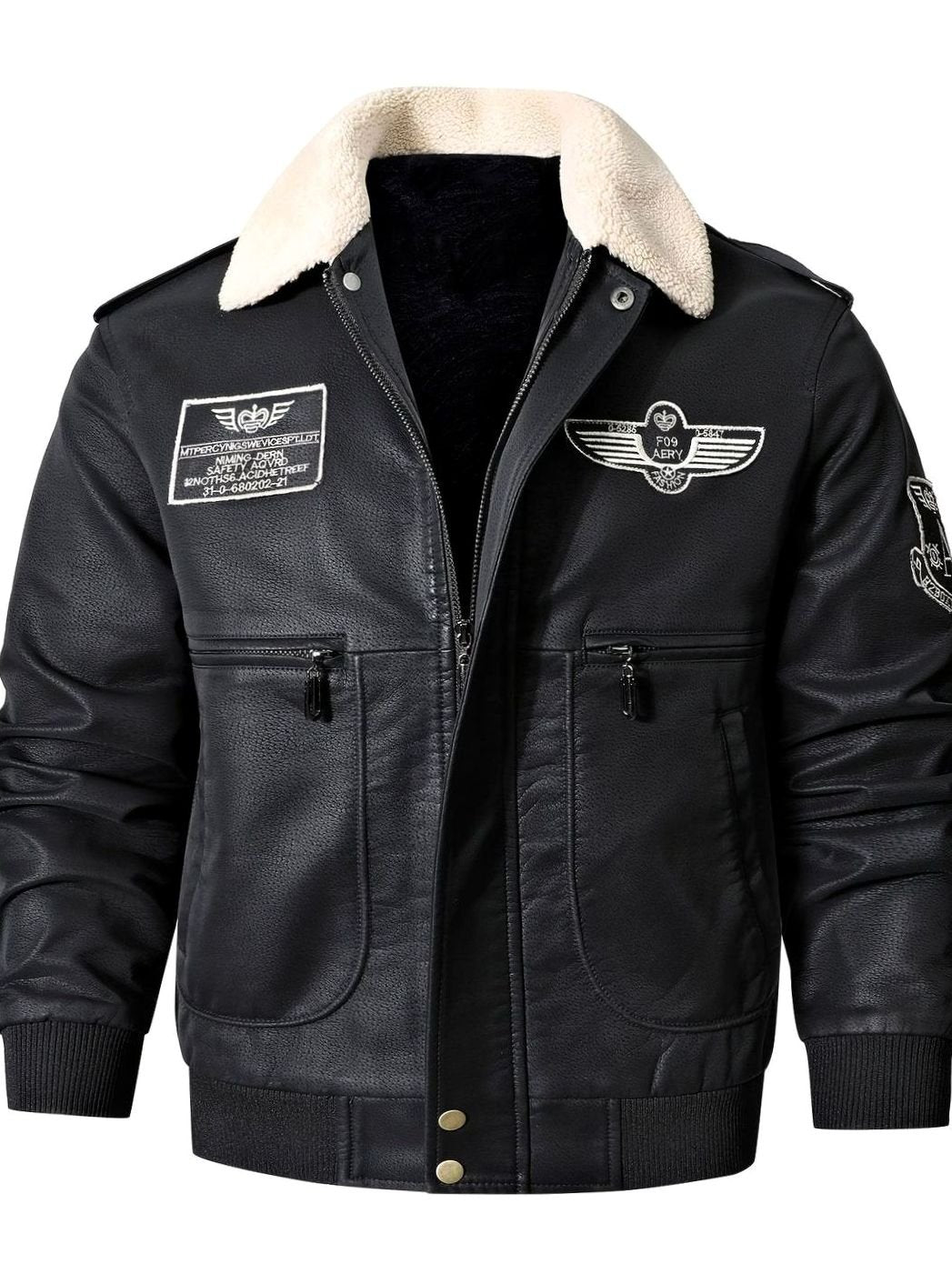 Men's Faux Leather Aviator Bomber Jacket Sherpa Collar