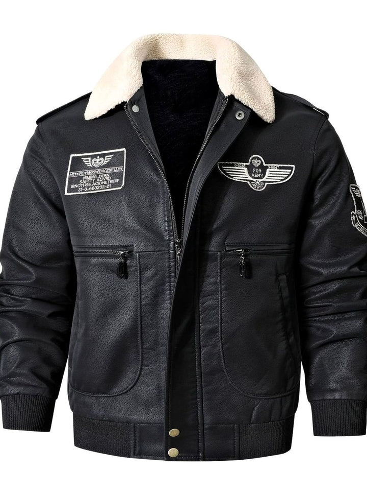 Men's Faux Leather Aviator Bomber Jacket Sherpa Collar