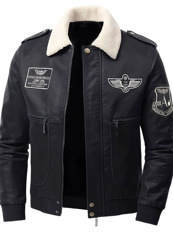 Men's Faux Leather Aviator Bomber Jacket Sherpa Collar