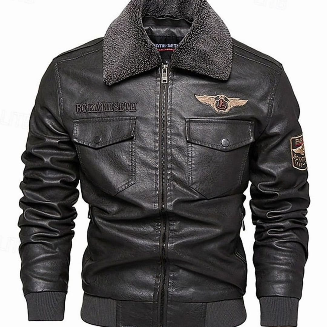 Men's Faux Leather Aviator Bomber Jacket Sherpa Collar - Gray