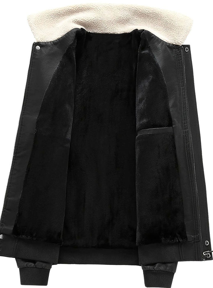 Men's Faux Leather Aviator Bomber Jacket Sherpa Collar