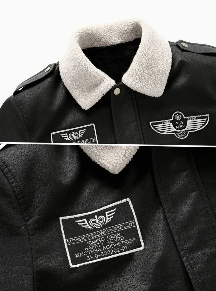 Men's Faux Leather Aviator Bomber Jacket Sherpa Collar