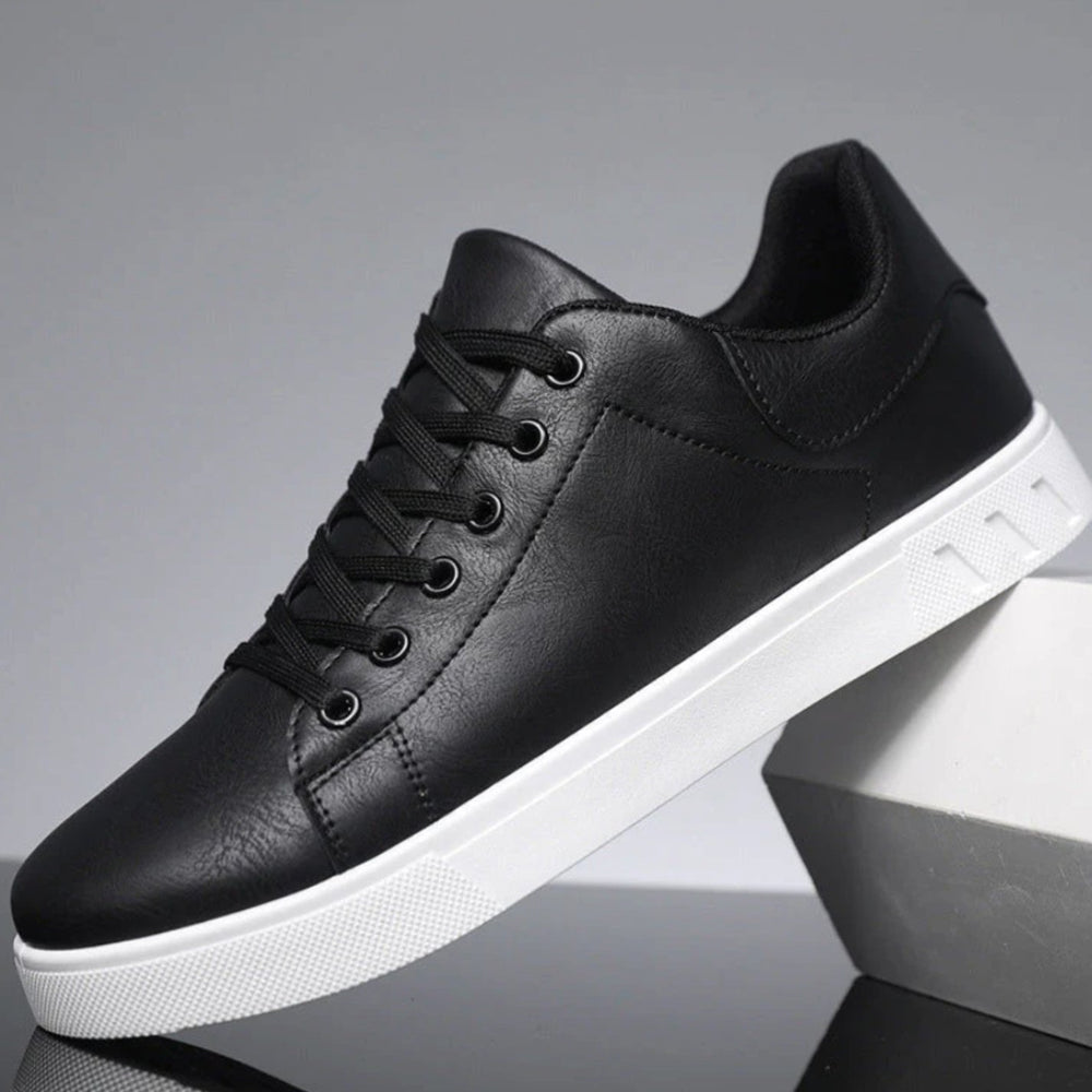 Men's Faux Leather Low-Top Lace-Up Classic Sneakers - Black