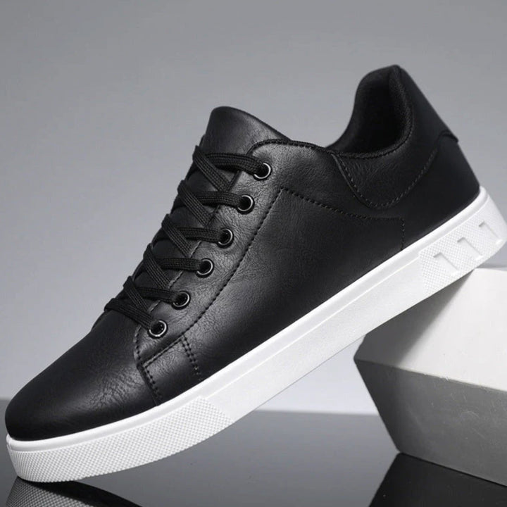 Men's Faux Leather Low-Top Lace-Up Classic Sneakers - Black
