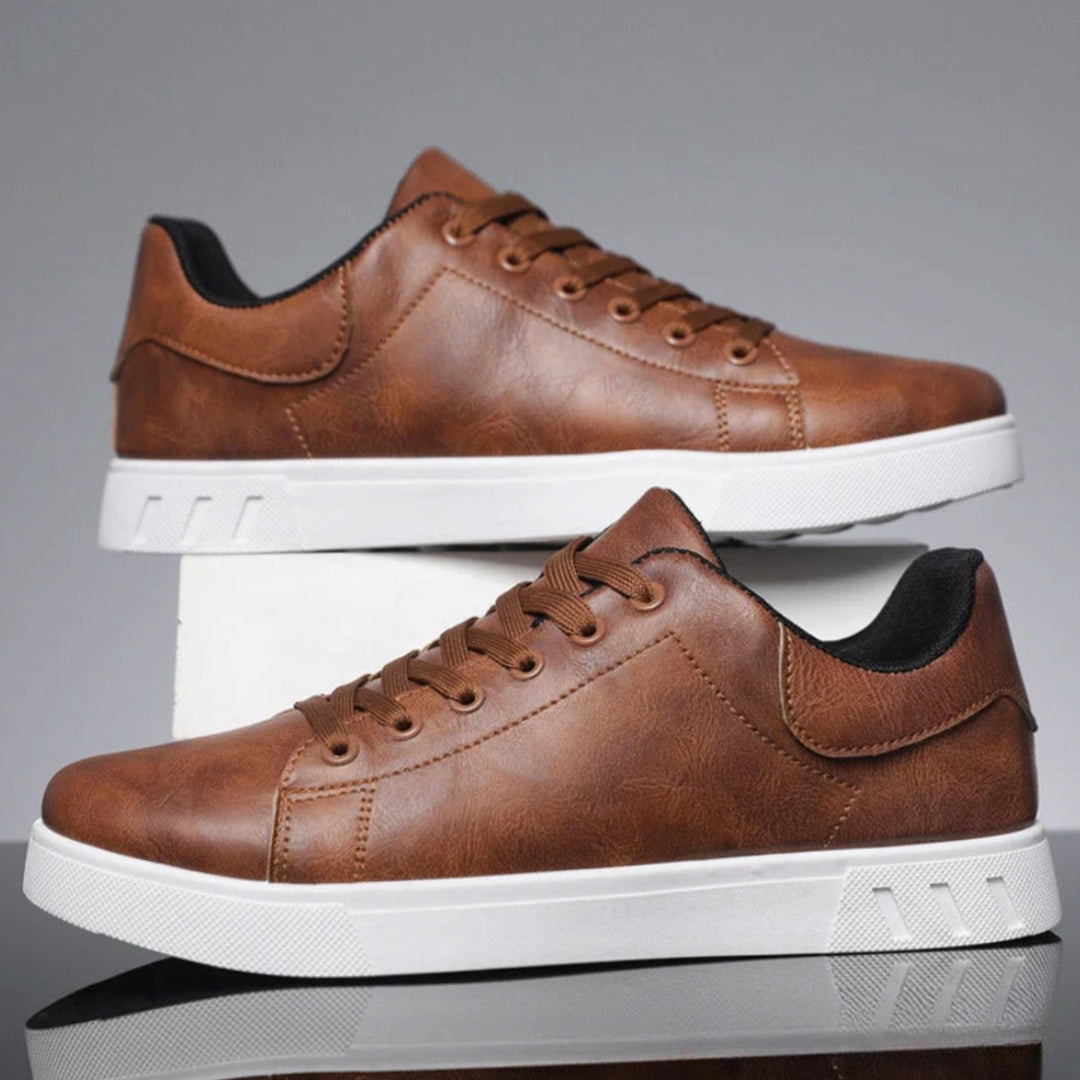 Men's Faux Leather Low-Top Lace-Up Classic Sneakers - Brown