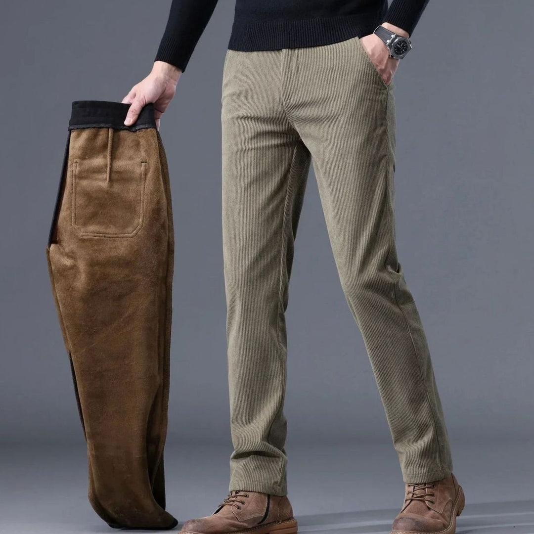 Men's Fleece-Lined Corduroy Straight-Fit Warm Pants - Khaki