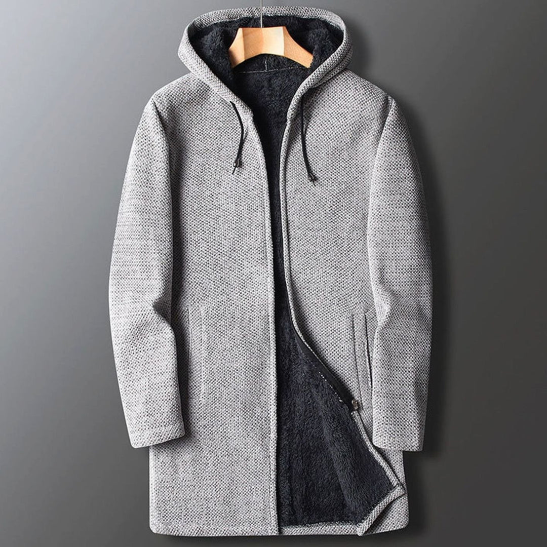 Men's Fleece-Lined Full-Length Hooded Coat Drawstring - Light Gray