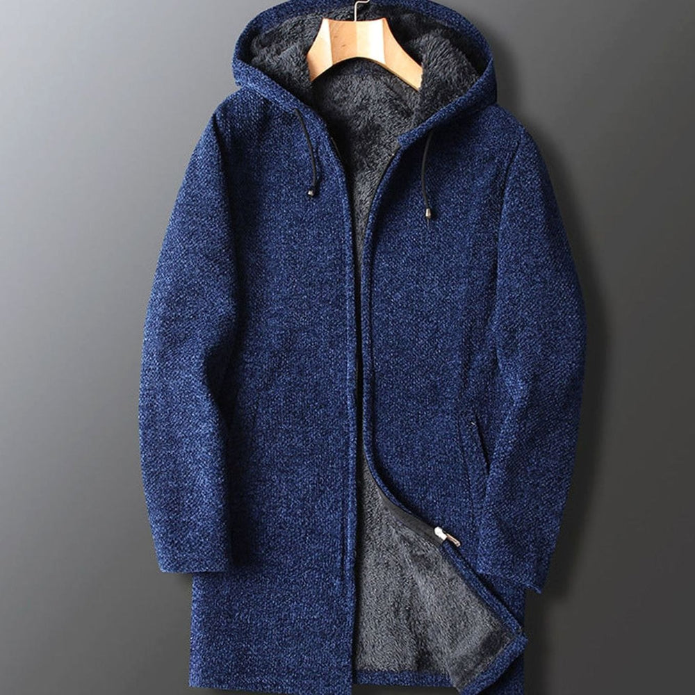 Men's Fleece-Lined Full-Length Hooded Coat Drawstring - Navy Blue