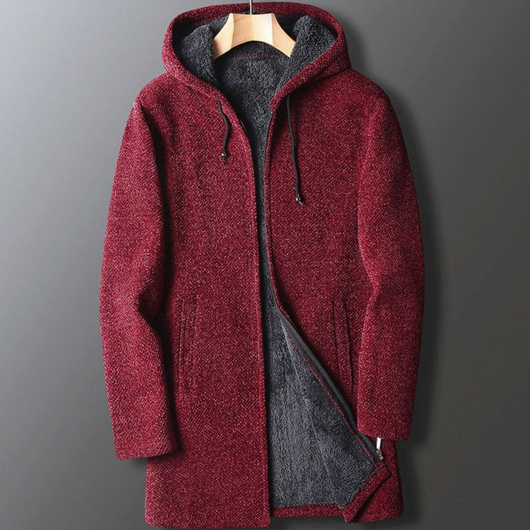 Men's Fleece-Lined Full-Length Hooded Coat Drawstring - Red