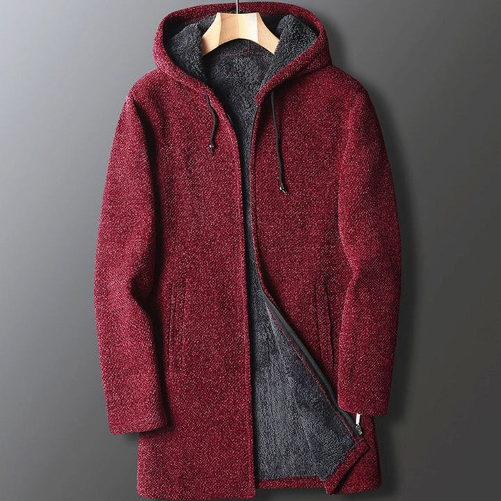 Men's Fleece-Lined Full-Length Hooded Coat Drawstring - Red