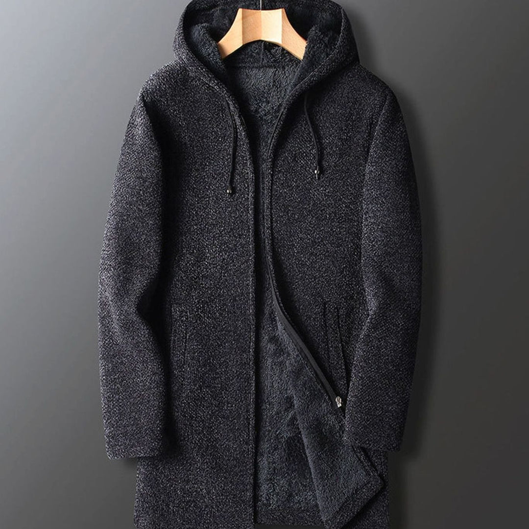 Men's Fleece-Lined Full-Length Hooded Coat Drawstring - Dark Gray