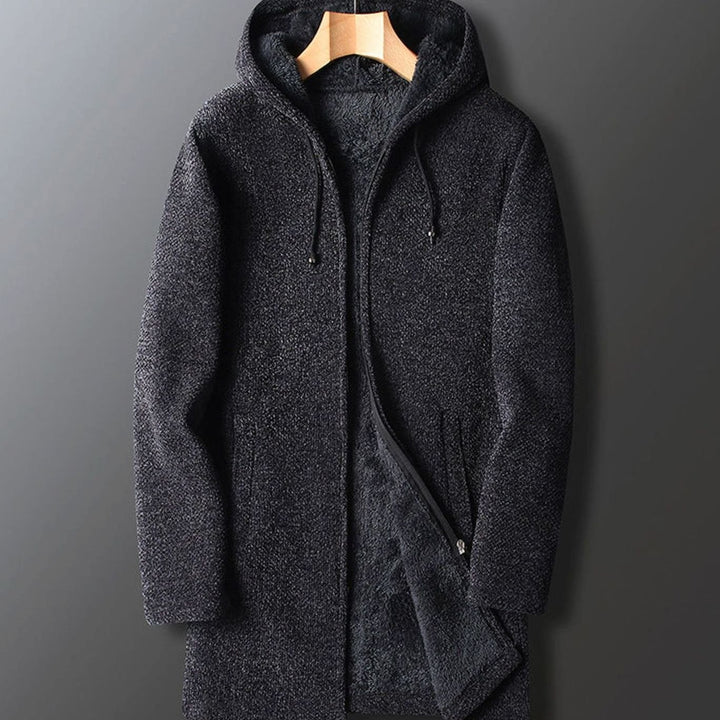 Men's Fleece-Lined Full-Length Hooded Coat Drawstring - Dark Gray