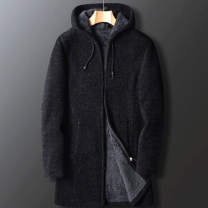 Men's Fleece-Lined Full-Length Hooded Coat Drawstring - Black