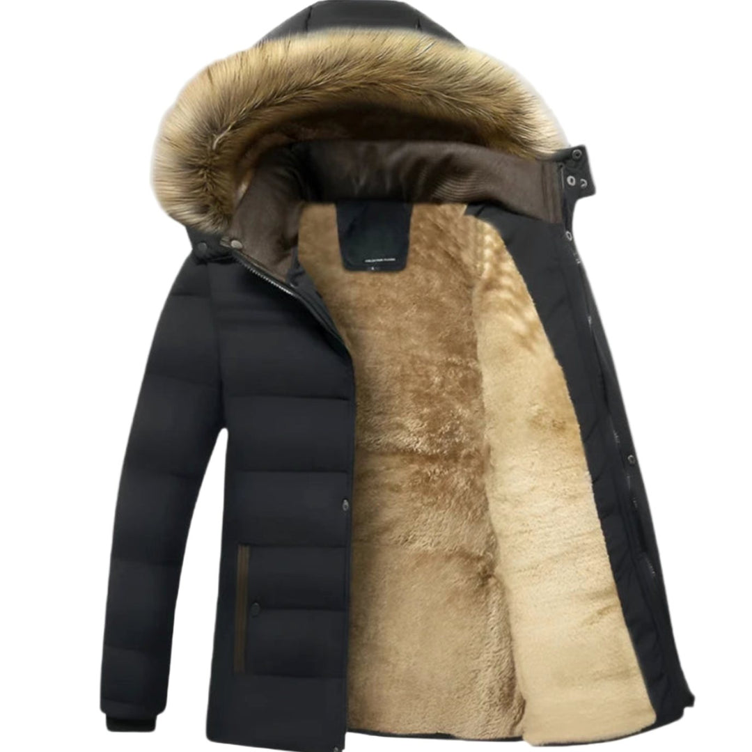 Men's Fleece-Lined Fur-Hood Quilted Winter Jackets - Black