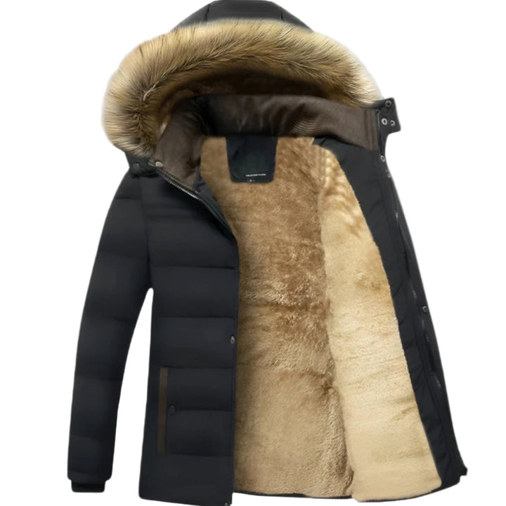 Men's Fleece-Lined Fur-Hood Quilted Winter Jackets - Black