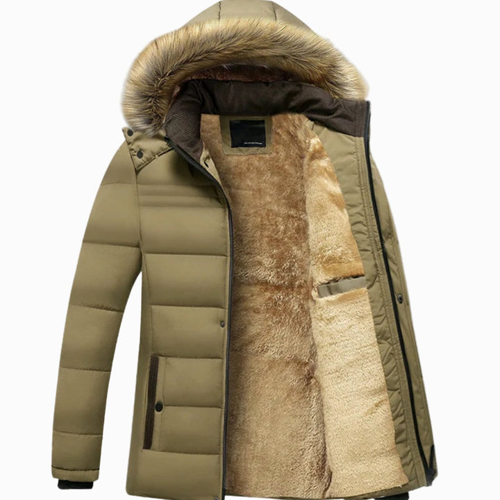 Men's Fleece-Lined Fur-Hood Quilted Winter Jackets - Khaki