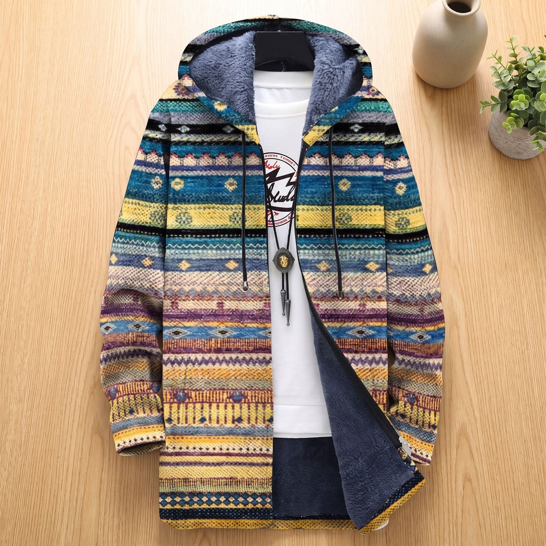 Men's Fleece-Lined Hooded Ethnic Print Zip-Up Jacket - Multicolor Yellow