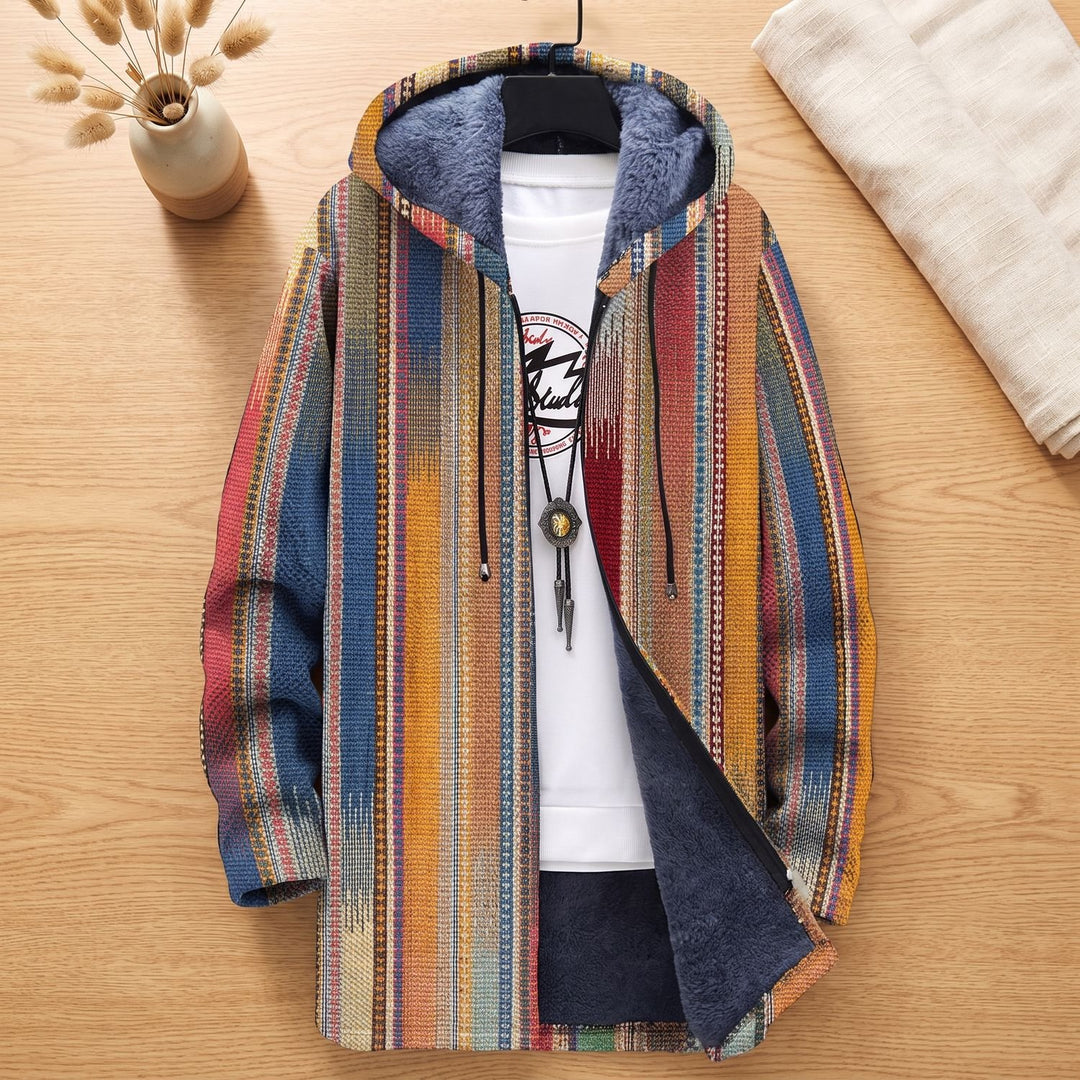 Men's Fleece-Lined Hooded Ethnic Print Zip-Up Jacket - Multicolor Orange