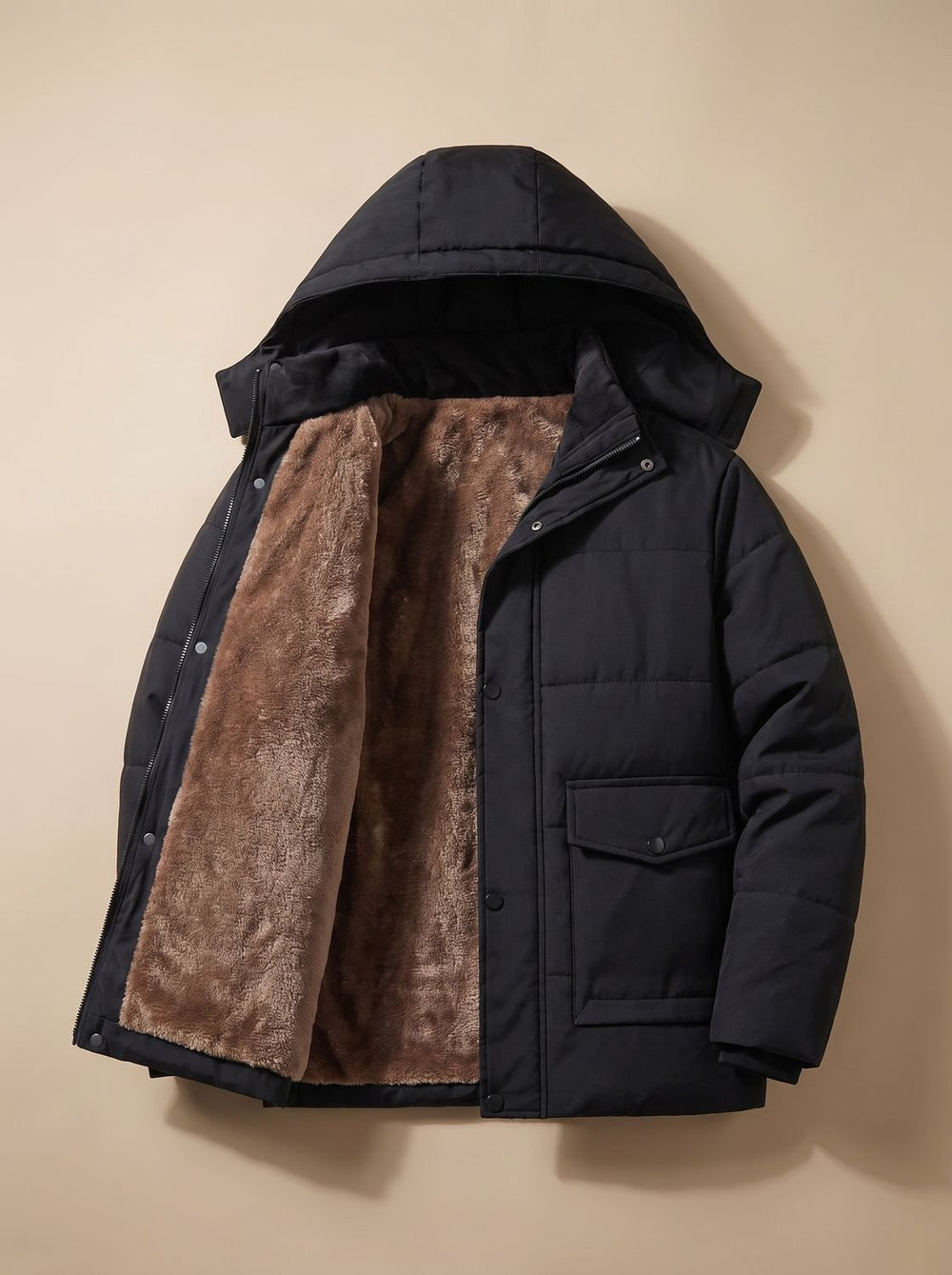 Men's Fleece-Lined Hooded Quilted Puffer Jacket Snap Buttons - Black