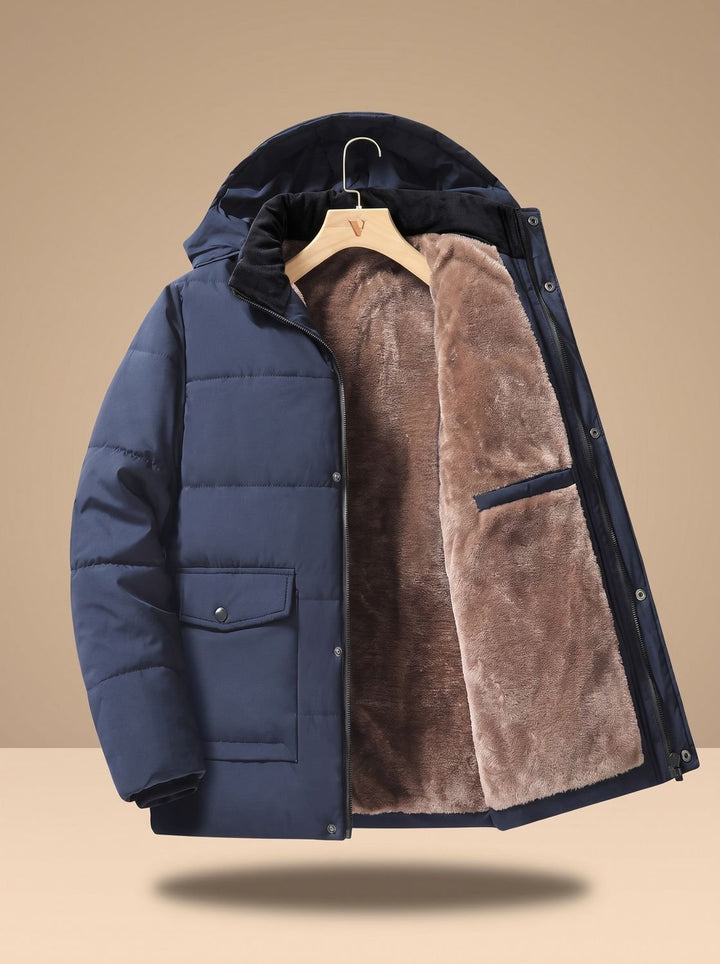 Men's Fleece-Lined Hooded Quilted Puffer Jacket Snap Buttons - Blue