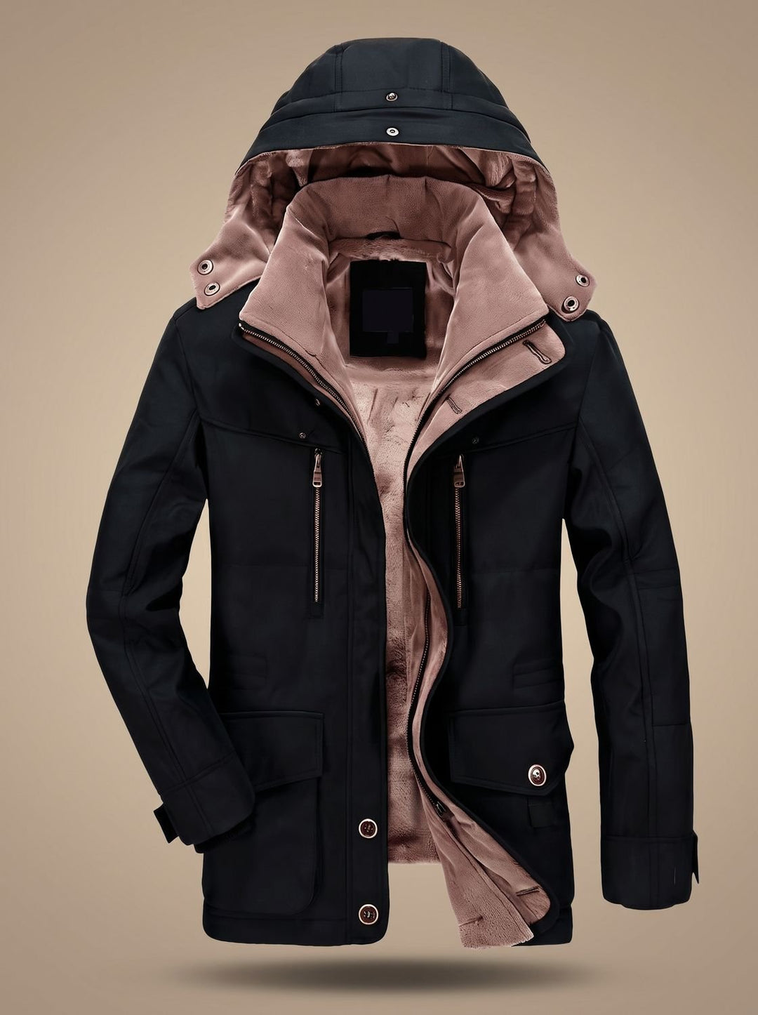 Men's Fleece-Lined Hooded Winter Parka Jacket Deep Pockets - Black